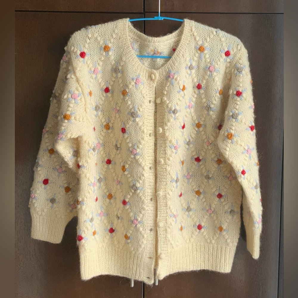 Cream Knit Rosette Cardigan